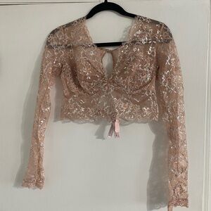 Victoria’s Secret Lace Long Sleeve Sheer Blush Crop Top size M